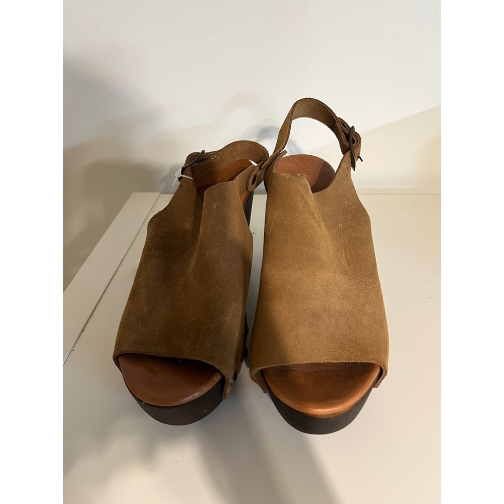 Mila Paoli Tan Suede Platform Clog Sandals Wood Block Heel Made in Italy 38 7.5